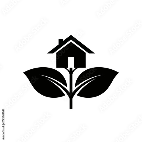 Black silhouette of a house on a plant with two leaves