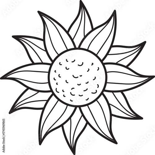 Simple Line Art Flower Illustration. Black and White Outline Drawing of a Blooming Botanical Element. Minimalist Floral Design.