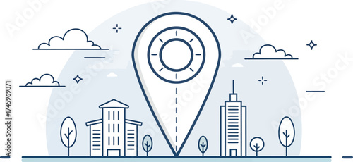 Location pin icon over city skyline representing navigation and urban planning in a modern design