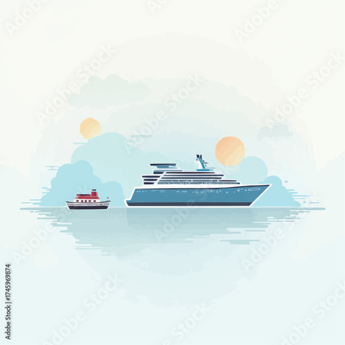 Modern flat vector illustration of a luxury cruise liner and a small boat sailing on a tranquil sea, a concept for travel and maritime voyage