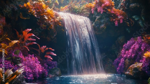 Waterfall where the water is a slow-moving, viscous, translucent gel, strange alien plants growing nearby, vibrant unreal colors