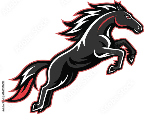Powerful black mustang horse leaping forward with red accents in a dynamic vector illustration