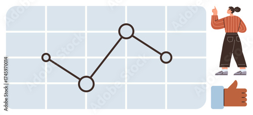 Line graph marked with data points, a person explaining trends, and a thumbs-up symbol. Ideal for data analysis, growth, business strategy, presentations, teamwork, analytics and success