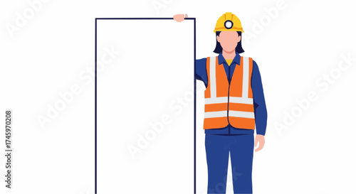 Female construction worker in safety gear presenting a large blank sign. Customizable illustration for workplace announcements, safety messages, or promotional content