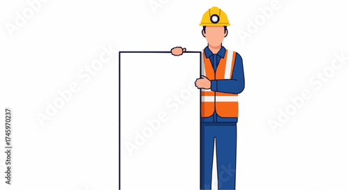 Construction worker in safety gear presenting a blank white sign for messages, important announcements, or project details and updates