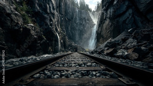 Dark mountain railroad waterfall