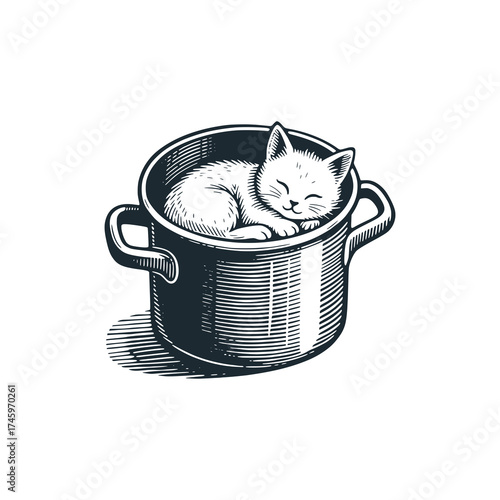 Adorable kitten in the pan – Black and White Icon Vector and Illustration