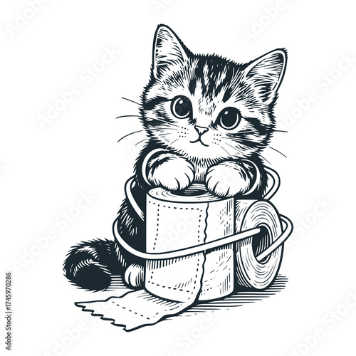 Adorable kitten caught in toilet paper – Black and White Icon Vector and Illustration