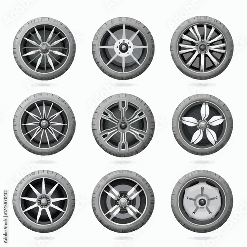Collection of nine diverse car wheel designs showcasing intricate spoke patterns and metallic finishes