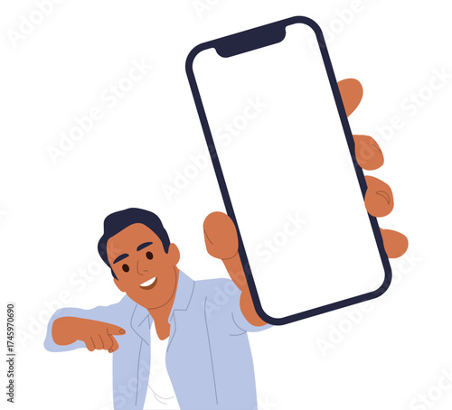 Cute flat young smiling male character holding smarthone in her hand