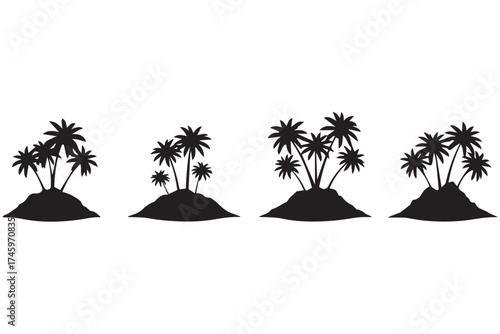 Silhouettes of tropical islands with palm trees, isolated on transparent background