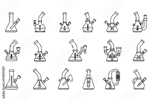 Collection of various glass bongs and water pipes for smoking, isolated on transparent background