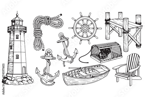 Nautical themed illustration set featuring a lighthouse, anchors, rope, boat, and pier isolated on transparent background