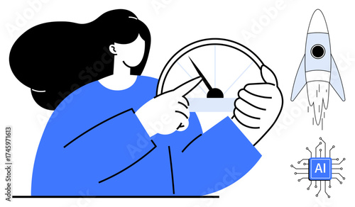 Woman pointing at speedometer gauge, rocket launching and AI circuit. Ideal for innovation, technology, progress, efficiency, artificial intelligence, automation, startup growth simple flat metaphor
