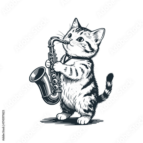 Adorable kitten playing saxophone – Black and White Icon Vector and Illustration