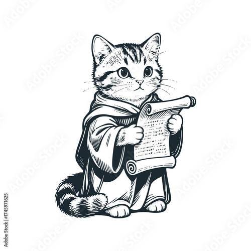 Adorable kitten as 16th century poet – Black and White Icon Vector and Illustration