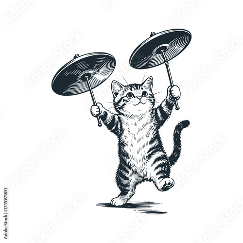 Adorable kitten playing cymbals too big for it – Black and White Icon Vector and Illustration