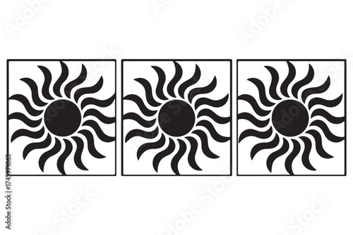 Three square panels each featuring a black sunburst graphic with wavy rays, isolated on transparent background