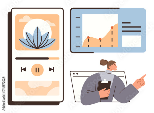 Businesswoman pointing at an analytics graph and media interface. Ideal for business strategy, productivity, data analysis, digital tools, workflow management, online learning, simple flat metaphor
