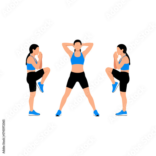 Woman Performing Standing Knee to Elbow Exercise for Fitness.
