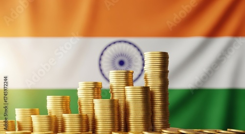 stacks of golden coins symbolizing financial growth,investment opportunities with India flag background