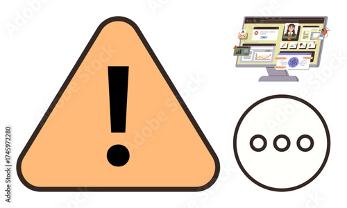 Exclamation point triangle, monitor interface with charts and profile, three-dot messaging icon. Ideal for warning, notification, communication, feedback, data analysis, information design simple