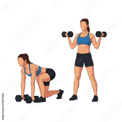 Woman performing dumbbell clean and press exercise for strength training.