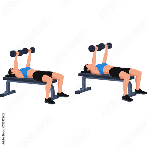Woman performing dumbbell chest press exercise on a flat bench.