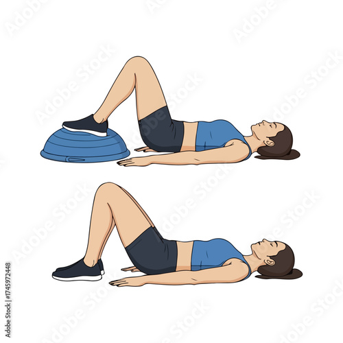 Woman Performing Glute Bridge Exercise on Bosu Ball for Fitness.
