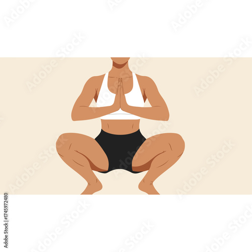 Woman practicing yoga in a squat position with hands in prayer.