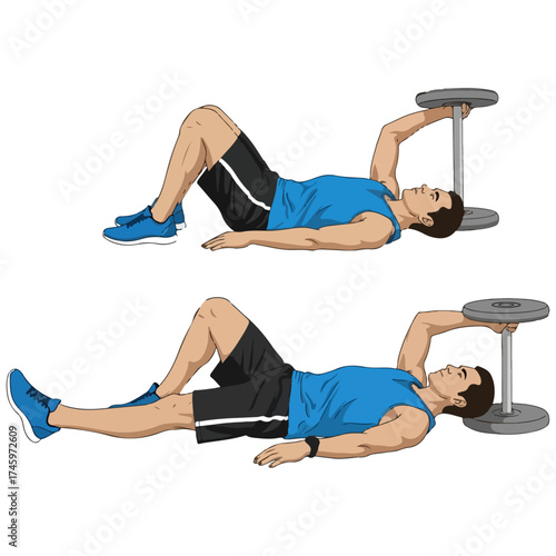 Athletic man demonstrating the dumbbell pullover exercise for strength training.
