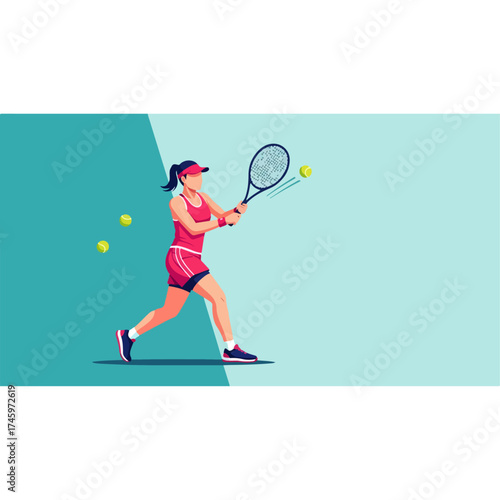 Female Tennis Player Hitting Ball with Racket.