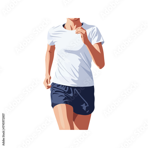 Runner in white shirt and blue shorts, focused on fitness.