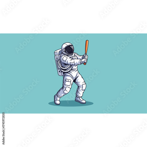 Astronaut Ready to Swing Baseball Bat in Space.