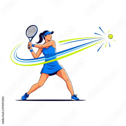 Dynamic Female Tennis Player Executing a Powerful Forehand Stroke.