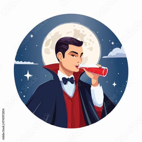 Vampire enjoys beverage under the moon