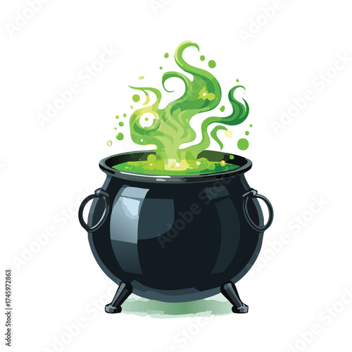 Black cauldron steaming with magical green potion