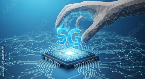 Digital hand interacting with 5G microchip.