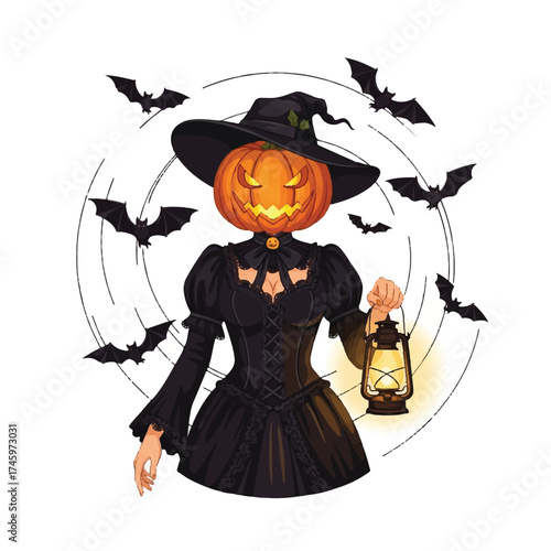 Illustration of a jack-o-lantern-headed witch in a black dress and hat holding a lantern surrounded by bats in a spooky Halloween scene.