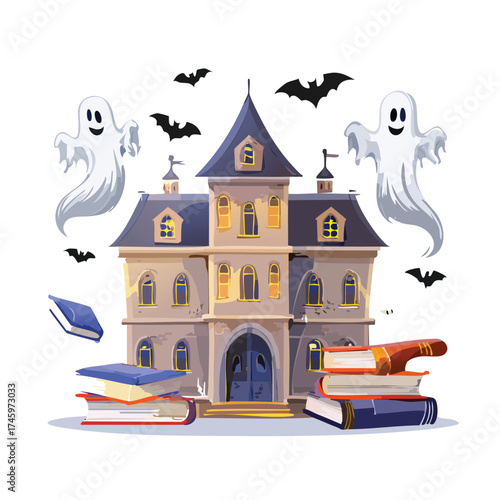 Spooky house surrounded by books ghosts and bats