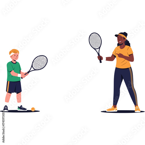 Tennis Lesson - Boy and Coach Practicing on Court.