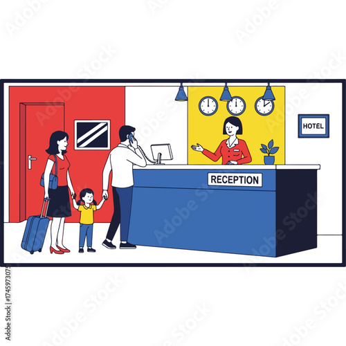 Family checking in at hotel reception desk with luggage.