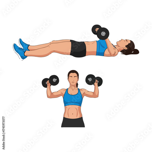 Illustration of a Woman Performing a Dumbbell Floor Press.