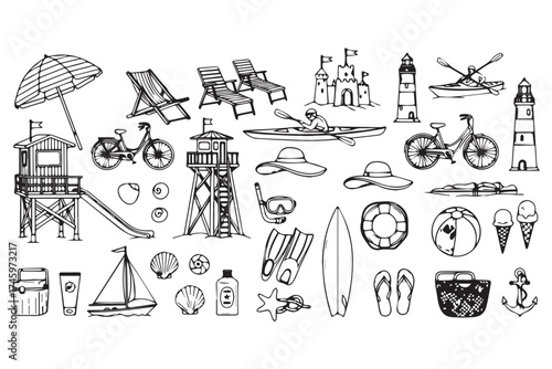 Collection of beach and summer vacation elements on a transparent background