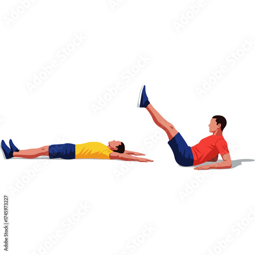 Man performing abdominal crunch exercise on white background.