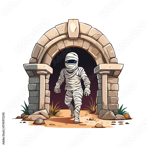 Wrapped figure emerges from stony arched doorway