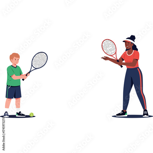 Tennis players practicing on the court with rackets and ball.