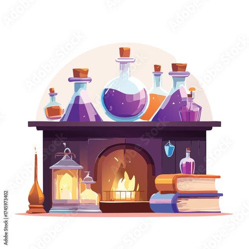 Magical fireplace with potion bottles and books