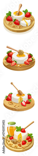 Brie Cheese and Honey Vector Set — Realistic Cheese Board Illustrations with Strawberries, Nuts, and Honeycomb