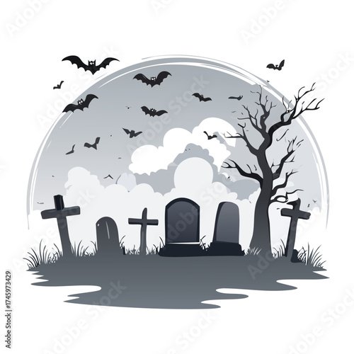 Spooky Cemetery Illustration With Bats